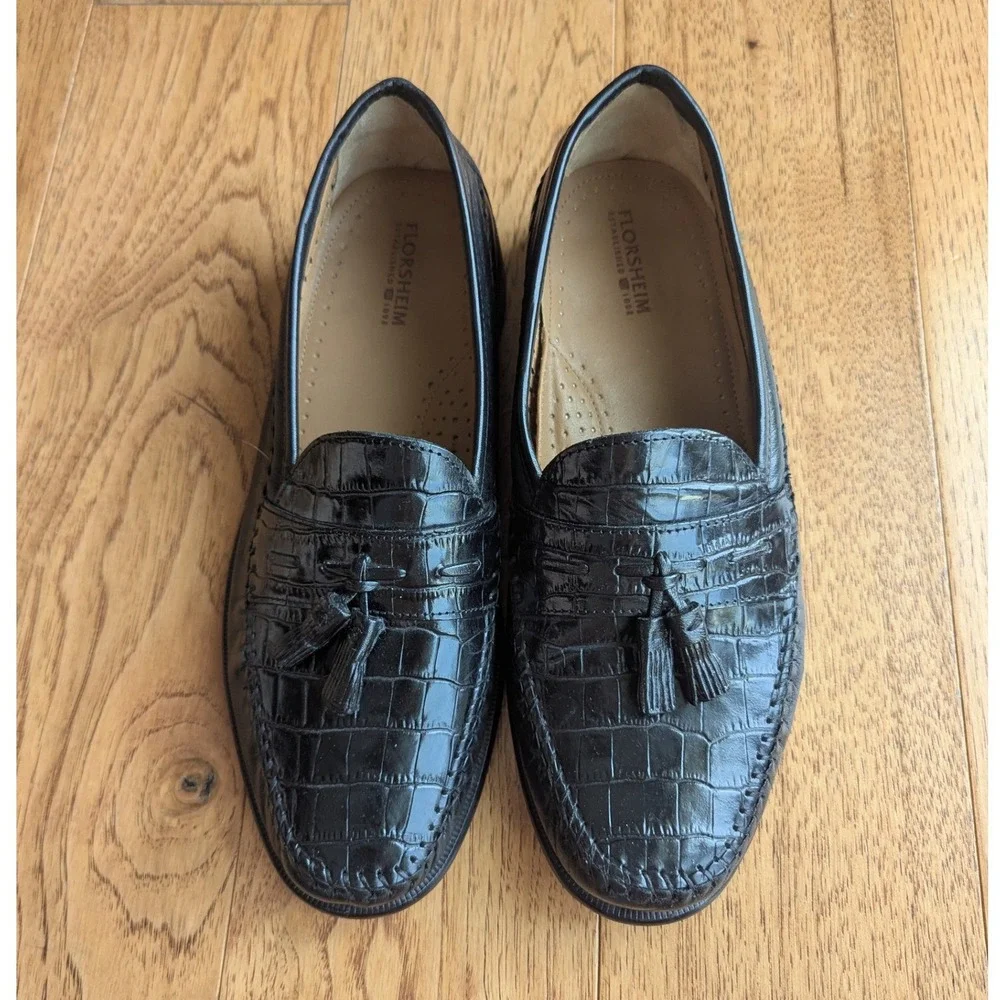 Florsheim‎ Tassel Loafers Black Croc Embossed Leather Mens 9 Old Money Preppy